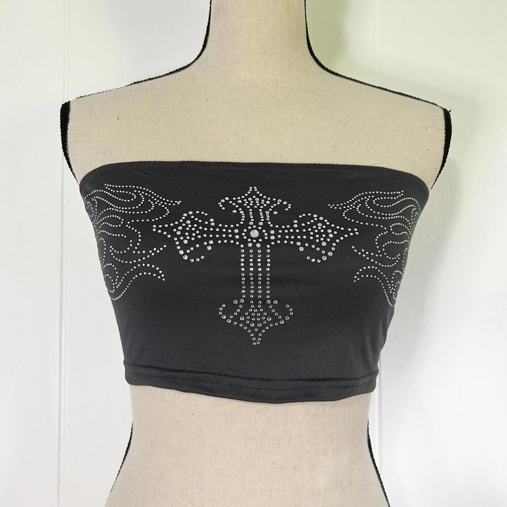 Romwe Rhinestone Cross Flames Strapless Bandeau Crop Top Women's XS